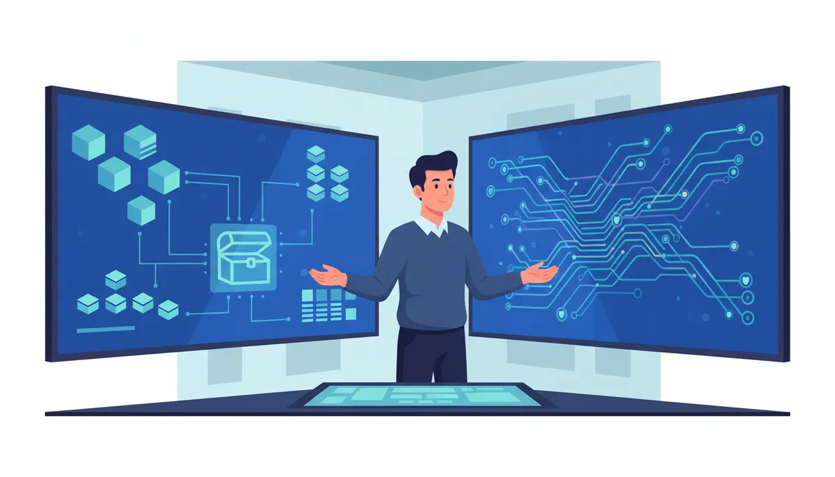 Network engineer comparing structured inventory data with network topology and assurance views