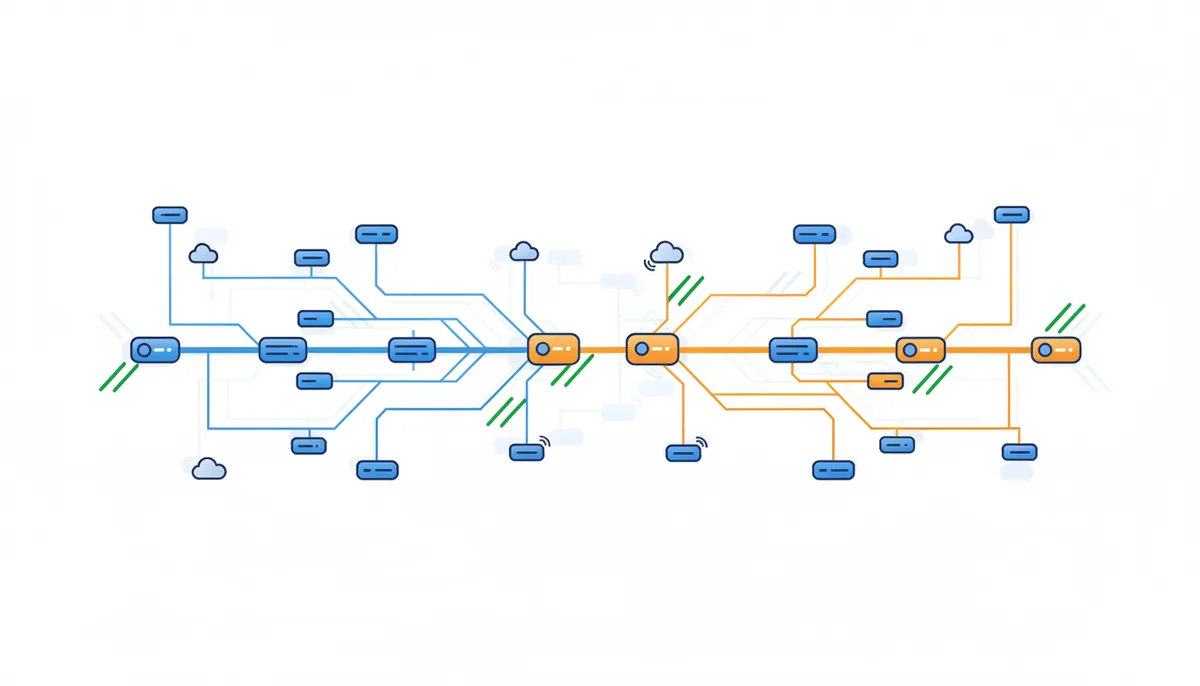 Highlighted network paths across layered infrastructure snapshots used for change assurance